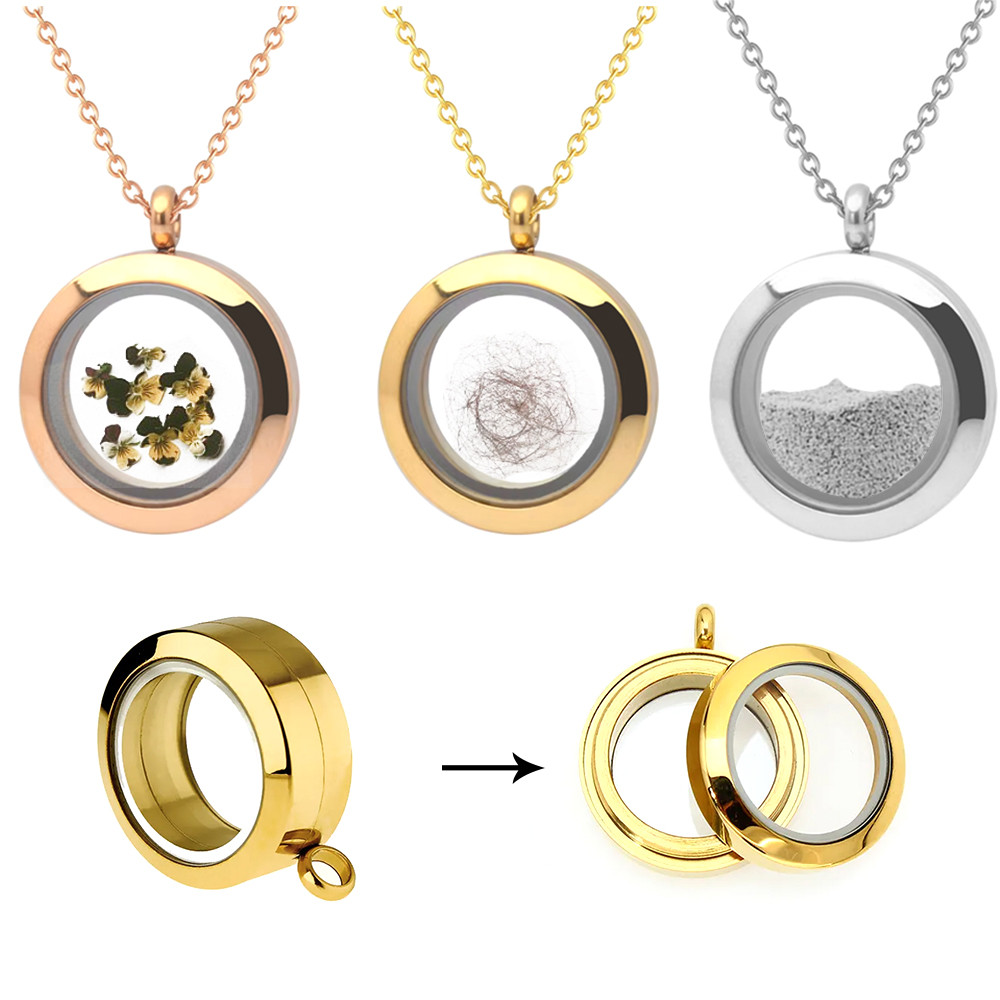 Cremation Jewelry Memory Locket Pendant Necklace Round Stainless Steel Memorial Keepsake Glass