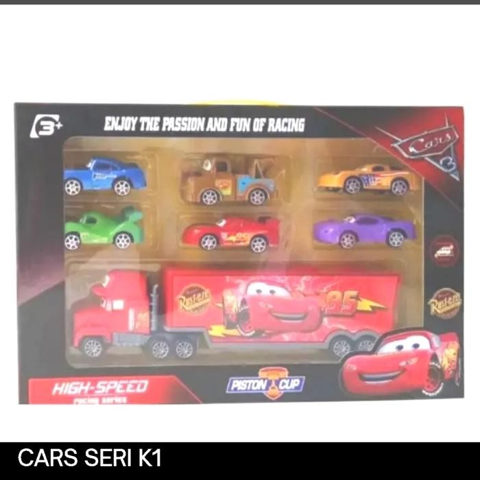 MOBIL MAINAN CARS MCQUEEN PULL BACK SET 7PCS TRUCK CONTAINER AND MINI CARS
