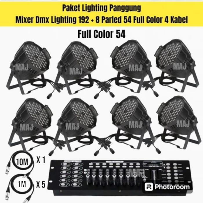PAKET LAMPU LIGHTING PANGGUNG DMX 512/192 + 8 PARLED 54 FULLCOLOR+ XLR
