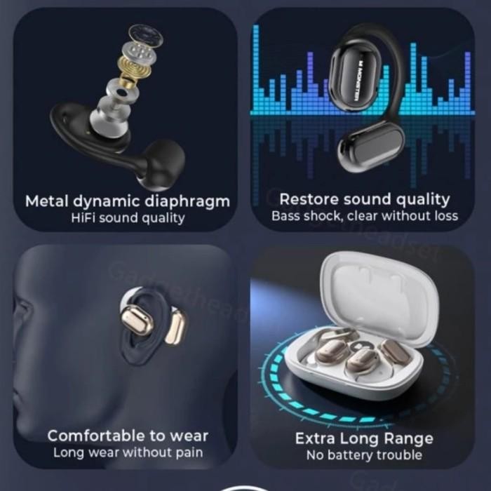 (Expert) Tws Monster AC100 Earphone Headset Bluetooth 5.3 Ear Clip Original