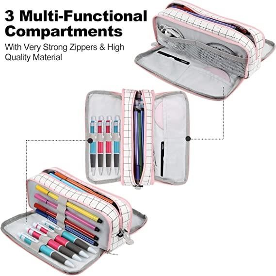 

Angoo Kawaii Large Capacity Pencil Case 3 Compartment Pouch Pen Bag Double Side Opening Student