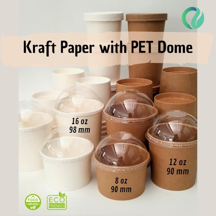Kraft Paper Ice Cream Cup 8oz 12oz with Dome Plastic Lid 90MM 25PCS