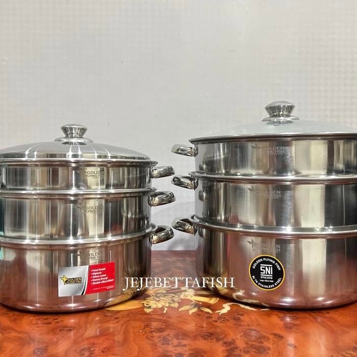 Steamer Set 3 Susun - Golden Flying Fish - Stainless Steel - Kukusan