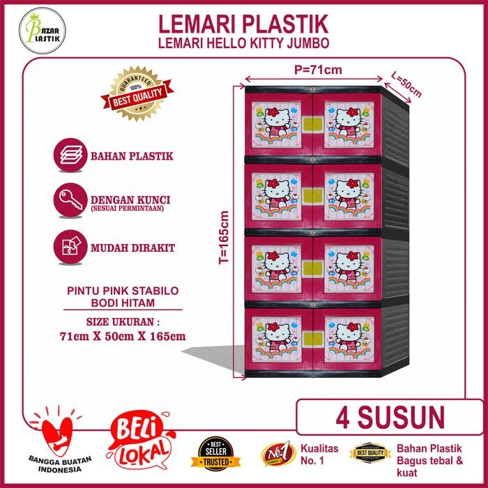 Lemari Baju Plastik / Lemari Pakaian Plastik / Lemari Plastik Portable Motif Hello Kitty Timbul