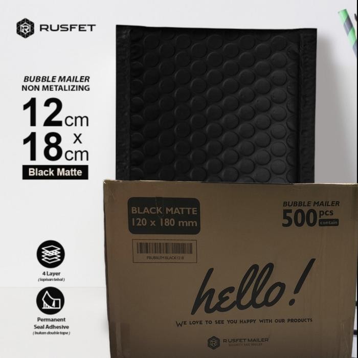 AMPLOP BUBBLE MAILER RUSFET HELLO DUS HITAM PINK TOSCA PUTIH 12X18 KODE 890