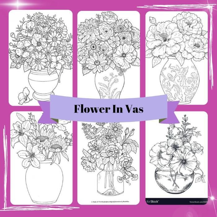 

50 Lembar Gambar Sketsa Mewarnai Bunga Di Vas - Flower In Vas - Kertas Hvs 80 Gsm - Buku Mewarnai