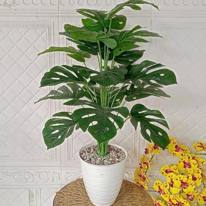tanaman hias plastik monstera artificial vas bee besar