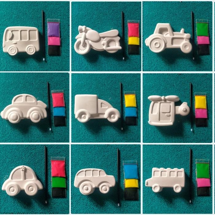 Mainan edukasi anak, mewarnai patung lukis gypsum, karakter kendaraan mobilan, motoran dll *
