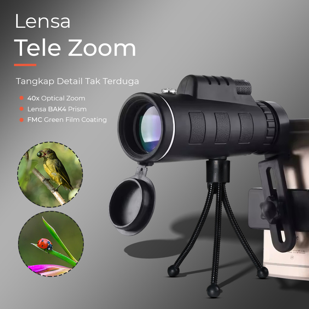 

Lensa Zoom HD 40x60 Monocular Smartphone + Tripod Holder Outdoor