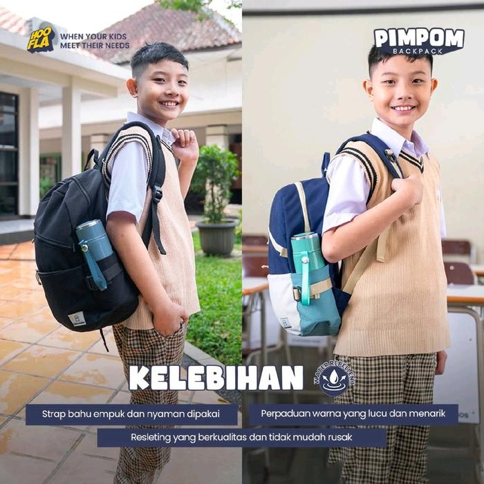

Hooflakids pimpom backpack sekolah anak SD best seller tas punggung bahan canvas premium kapasitas
