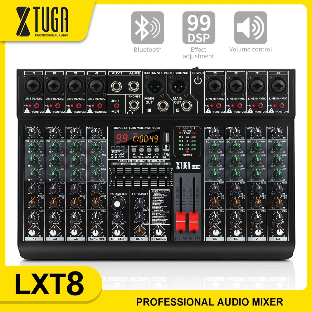 XTUGA LXT8 Professional DJ Mixer 8-Channel Mixer Supports 48V Wanda Power With 99 DSP Effects For