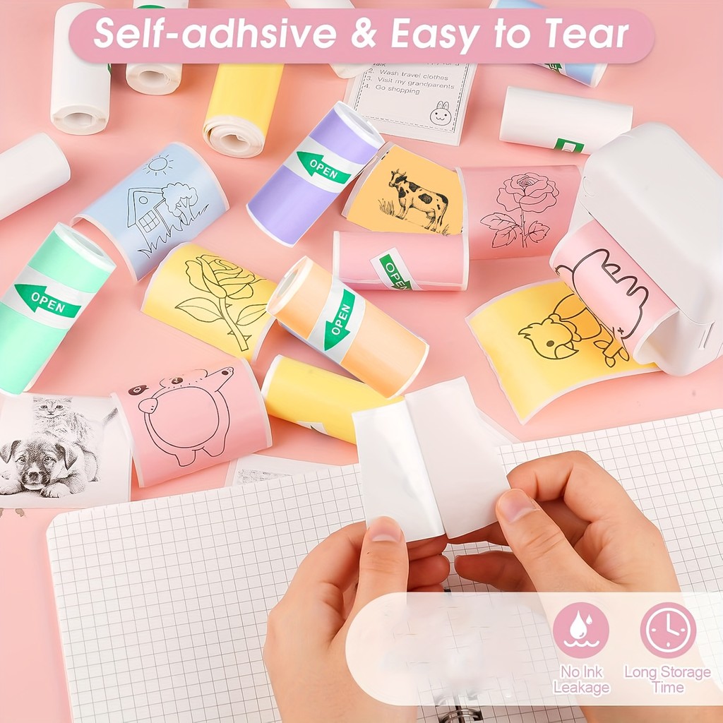 

10 Rolls Mini Printer Paper Self-Adhesive Thermal Sticker Labels - 57mm Residue-Free Paper for