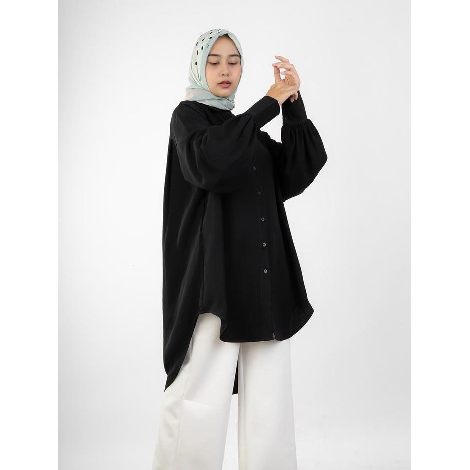 (Allthebest) HaymeeIDN - Haifa Tunik Kemeja Tunik Jumbo Tangan Balon Bahan Jetblack
