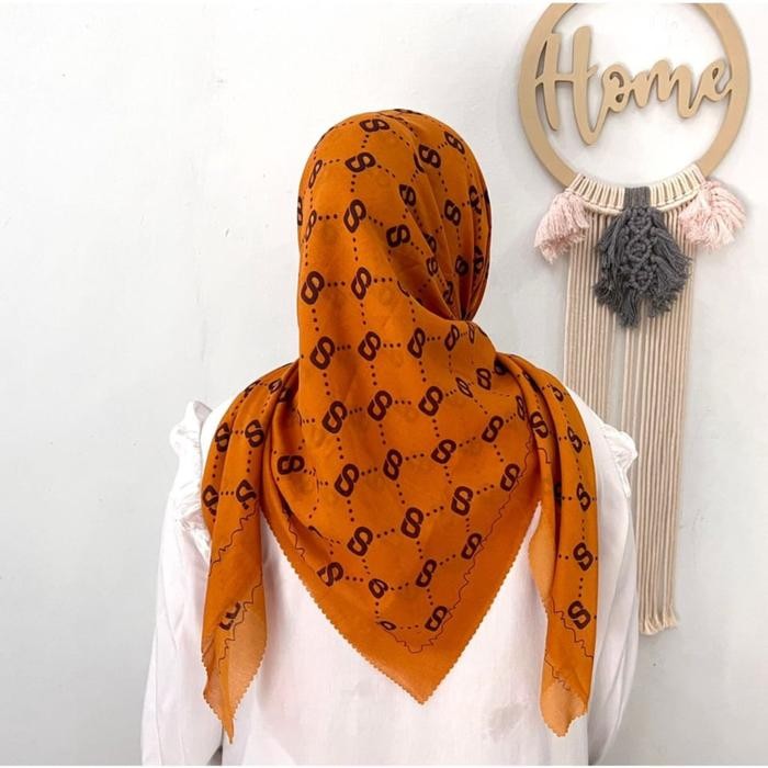 (Allthebest) Krudung Jilbab Segi Empat Hijab Motif Warna Orange Voal Premium