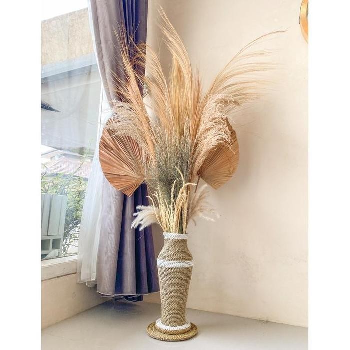 Paket Lengkap Bunga Kering + Pot Vas Guci 35Cm Palem Kering+Pampas+Rayung+Ilalang+Dekorasi Rustic /