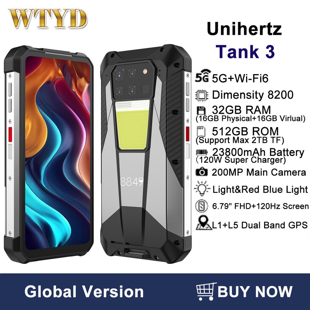 Unihertz Tank 3 Rugged Phone 32GB+512GB 200MP Camera Night Version 23800mAh 6.79" Android 13 Dimensi