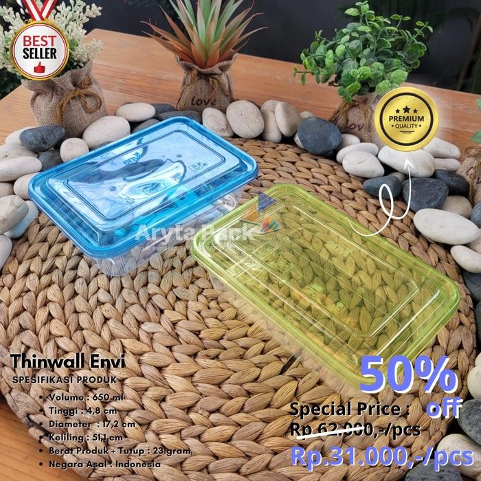 Thinwall kotak makan envi anti pecah REC 650ml tutup warna-warni - WIB