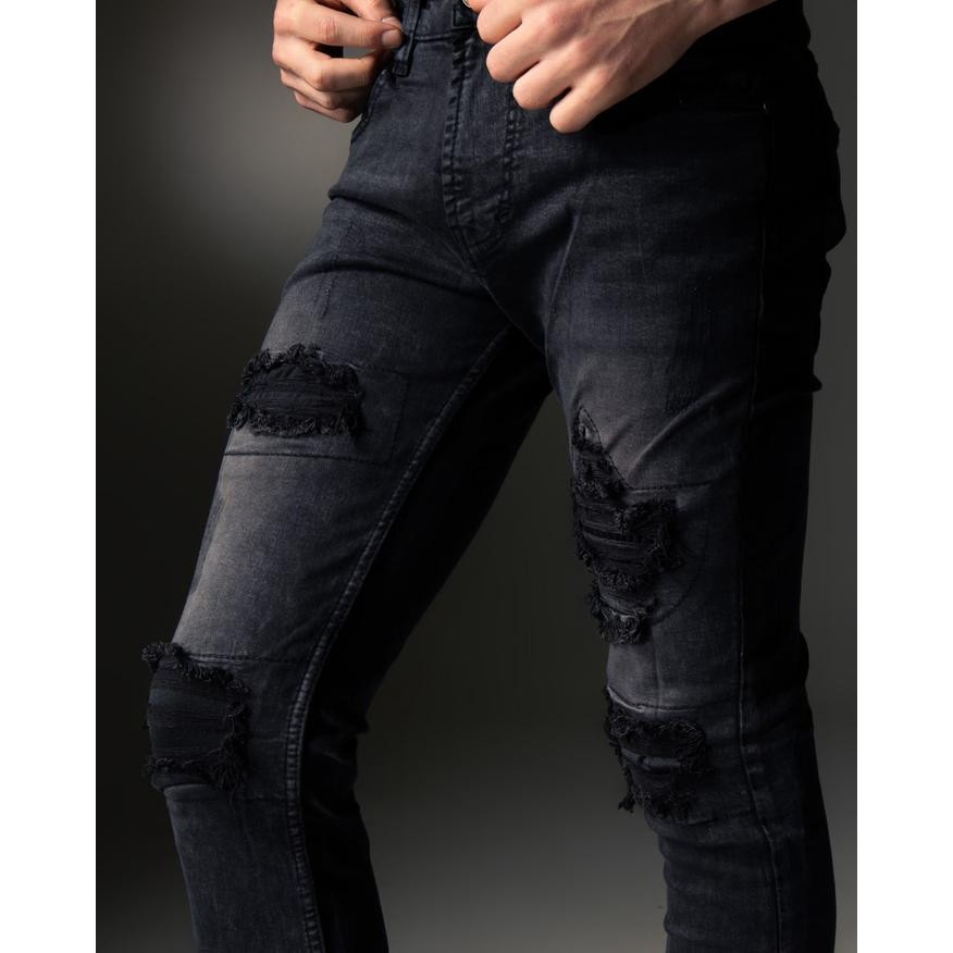 NEW Weird Jeans - Austin Black - Celana Jeans Pria Slimfit Strech Ripped Tambal Denim Nyaman Stretch