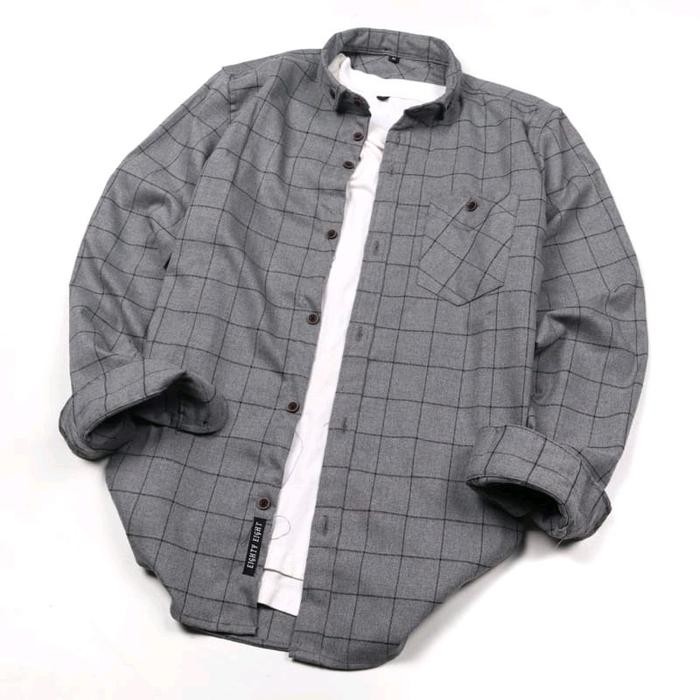 NEW KEMEJA FLANEL ABU GARIS HITAM Kain Lembut [terbaik][terlaris]