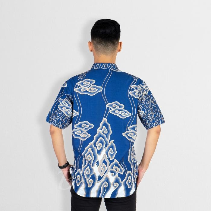 Kemeja Lengan Pendek Hem Pria Batik Tulis Premium Motif Mega Mendung Langit Biru Katun Panjang Baju