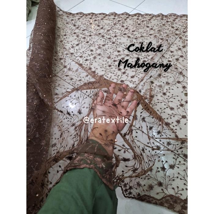 Brokat Coklat Mahogany, Bahan Kain Brokat Brukat Meteran Mewah/ Kain Tile Akar Mutiara Gliter/ Kian