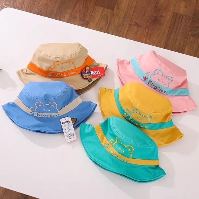 Topi Bucket Anak Motif King Bear Bordir Anak Laki-laki Perempuan Tali pengait