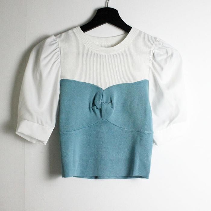 (Expert) AJW [HAF] Blouse Rajut Wanita Lengan Pendek Blouse Rajut Lengan Balon Pendek Blouse Crop