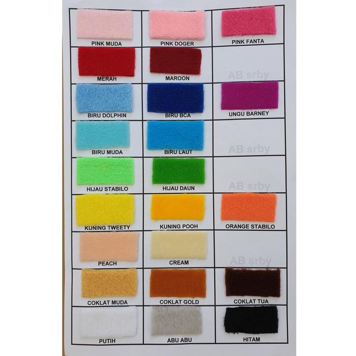 

AT Kain Velboa Grade A (100cm x 150cm) Bulu 3mm Halus, Bahan Boneka, Souvenir, Warna Cerah.