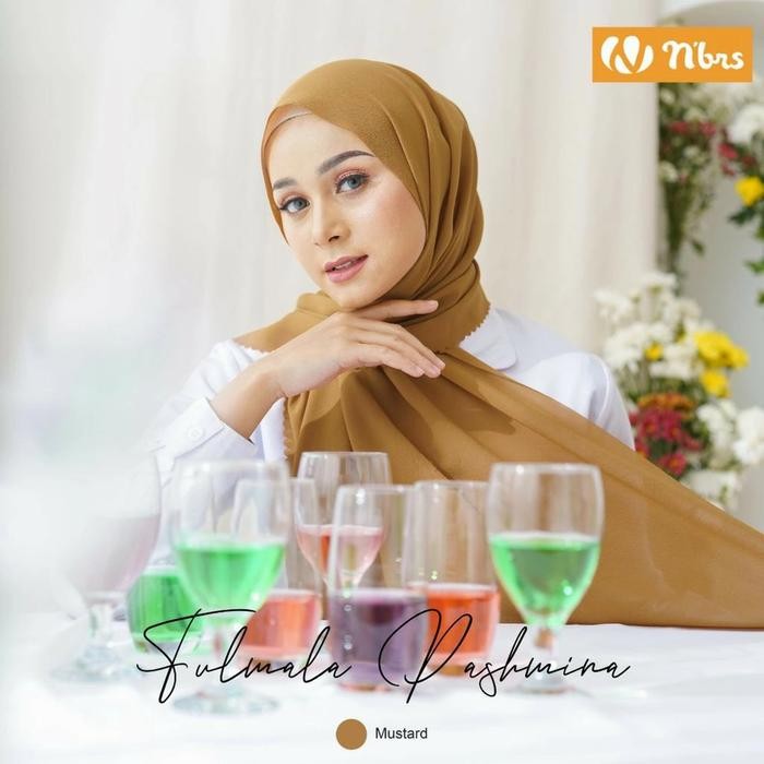 Nibras Hijab Fulmala Pashmina Warna Kuning Mustard Lasercut Cantik Ori