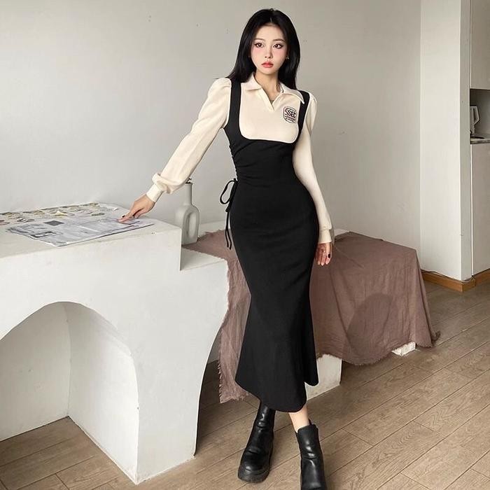 Dress Hijab Friendly Style Polo Dress Korean Style Baju Kondangan Wanita Kekinian Dress Hitam Dress