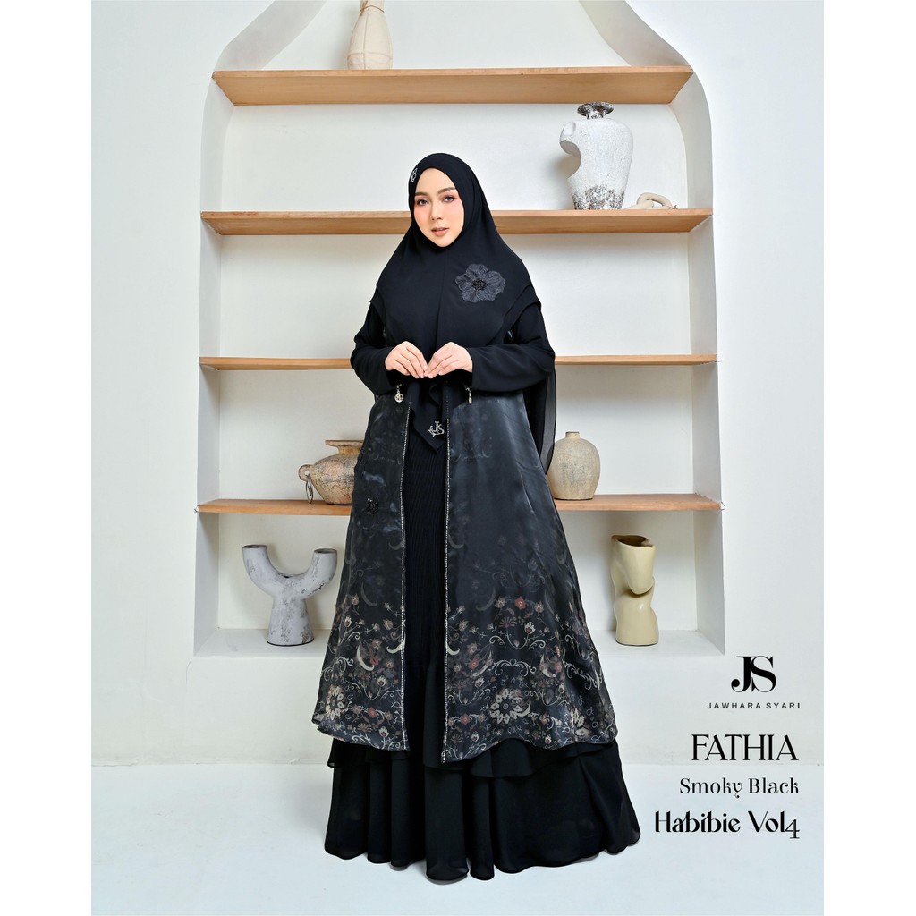 FATHIA SMOKE BLACK - JAWHARA - HABIBIE VOL4 - Gamis Syari Khimar Dress Motif Muslim