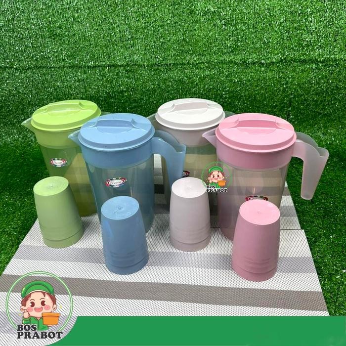 Teko Plastik Beranak 1 Liter dengan Gelas Teko - Kitchenware Tea Biru Hijau Pink *