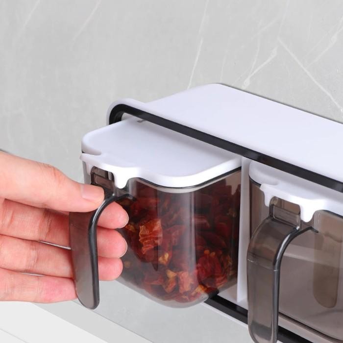 Tempat Bumbu Dapur 3 Set Wadah Kotak Tempel Dinding Kitchenware Spice Rack Dengan Sendok Plastik