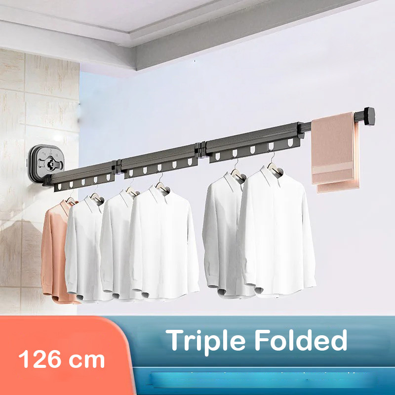Gantungan Jemuran Baju Lipat Dinding Aluminium, Rak Jemur Hemat Tempat untuk Balkon & Kos Minimalis
