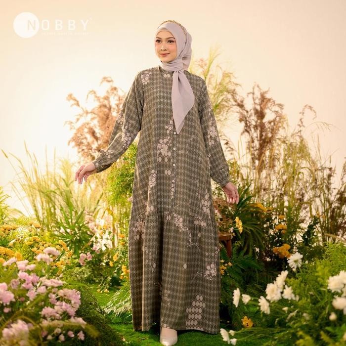 Nobby Yalinda Dress Gamis Muslim Wanita Bahan Polly Stretch Sand