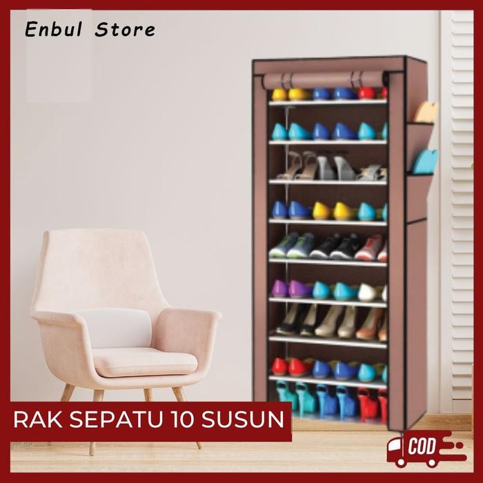 Rak Sepatu 10 Susun ( 9 Sekat ) Bongkar Pasang Dengan Cover + Resleting Rak Baju Tas Serbaguna