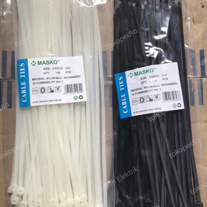 

Kabel ties Tali Sabuk 25cm 3,6x250mm Putih/Hitam Masko Isi 100pcs.