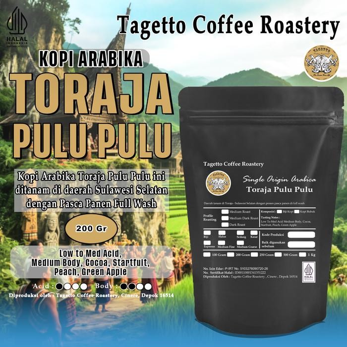 

Biji Kopi Arabika Toraja Pulu Pulu 200Gr Arabica Bean Ground Bubuk 200 Gram Tagetto Coffee