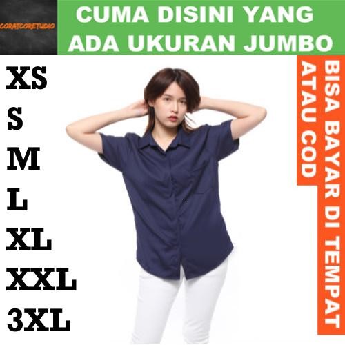 Kemeja Wanita Hem Jumbo Pendek Polos Kantong Kantor BIRU NAVY DONGKER