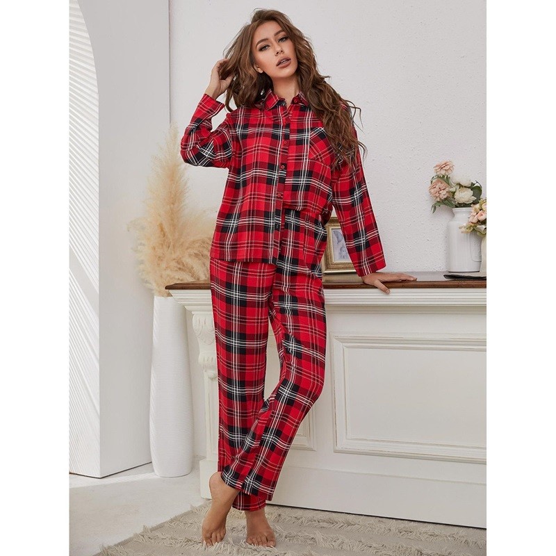 Red Plaid Pajamas Long Sleeve Lapel Top Soft Top Pants Autumn Homewear Winter Sleepwear Clothing Set