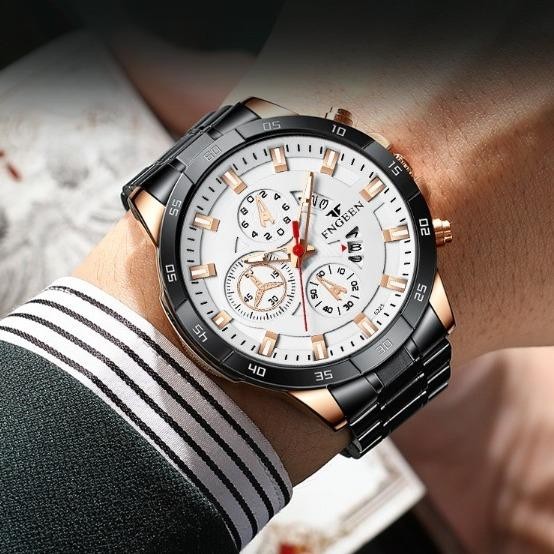 Jam Tangan Pria Fn15 Luxury Strap Stainless Steel Dan Kulit Original Anti Air Kalender Aktif Mewah