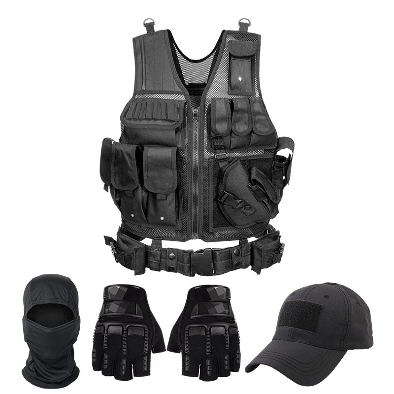 Tactical Vest for Men, Tactical Airsoft Gear Vest, Black Molle Vest and Cap Protective Equipment CS 
