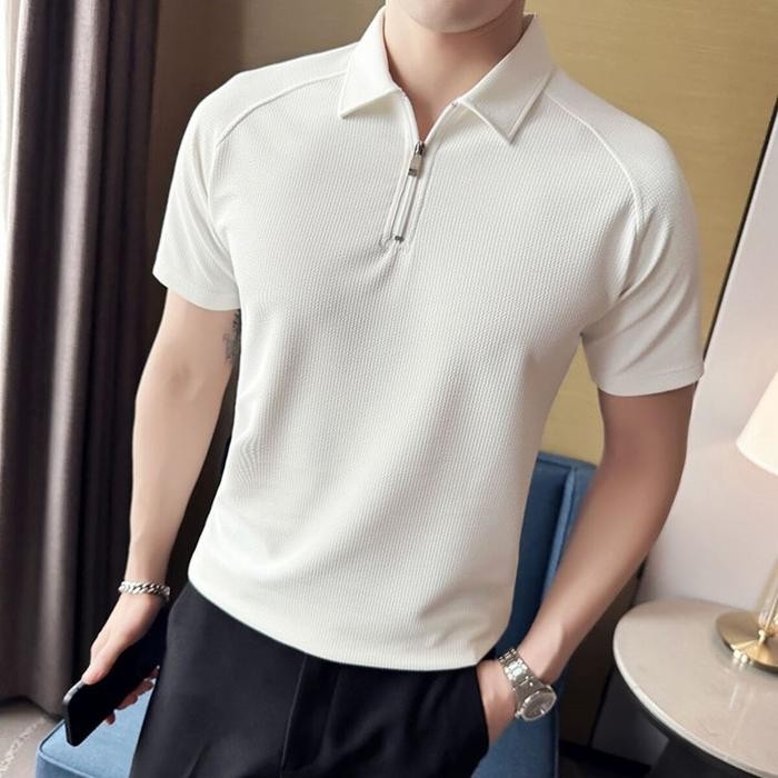 Zafos.id - baju polo shirt pria giordano kaos polo kerah pria knit zipper lengan pendek putih polos