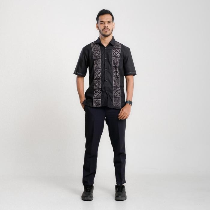 YS - Baju Batik Pria Kombinasi - KEMEJA BATIK HITAM - Batik Pria Pendek Kombinasi Polos Hitam Baju