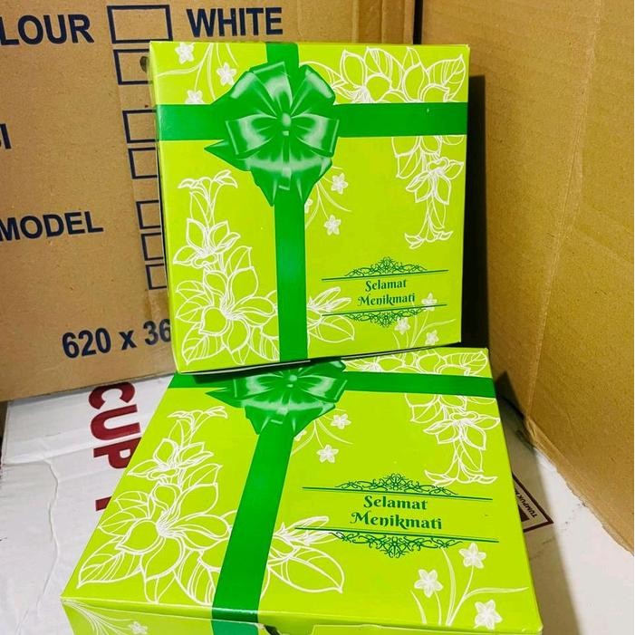 IZ8W 25Pcs Kardus Nasi Motif Pita Hijau 18X18 20X20Cm/Kotak Nasi Pita/Kardus Nasi Motif