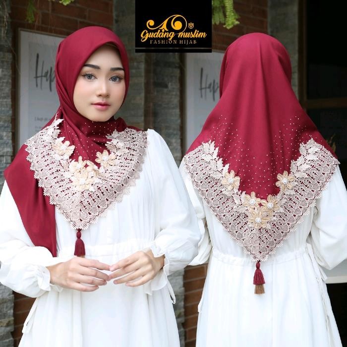 (Expert) hijab segi empat renda payet / kerudung segi empat renda Cantik Voal Muslim
