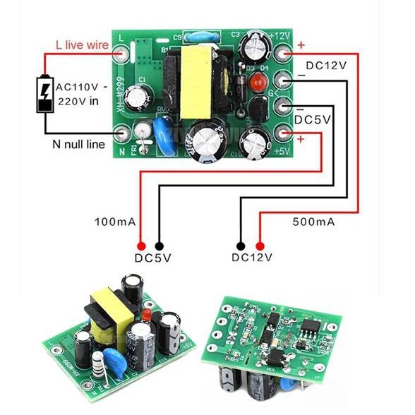 220V AC-DC Converter Dual Output 12V DC 500 mA dan 5V DC 100mA