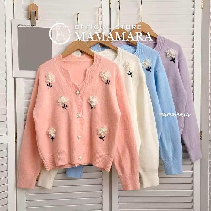 MAMAMARA - Cardigan Wol Rajut Tulip Putih 3D Santai V-Neck Polos Bunga Panjang Knitwear Wanita