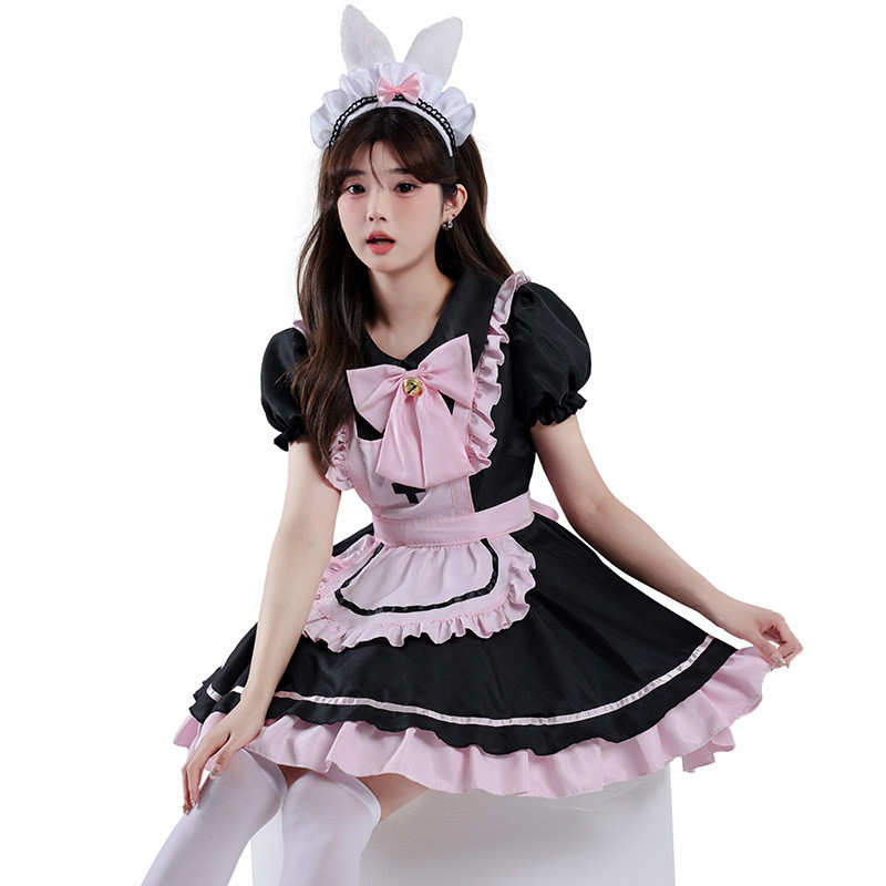 Anime Black Pink Cute Lolita Maid Dress Cosplay Costume Sweet Girl Bowknot Maid Dress Trending Girls