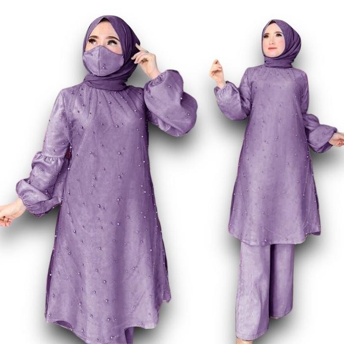 Setelan Syela/ Moscrepe Tile/ Celana Tunik/ Setelan Celana Brukat Tile/ Fashion Wanita Atasan Karet